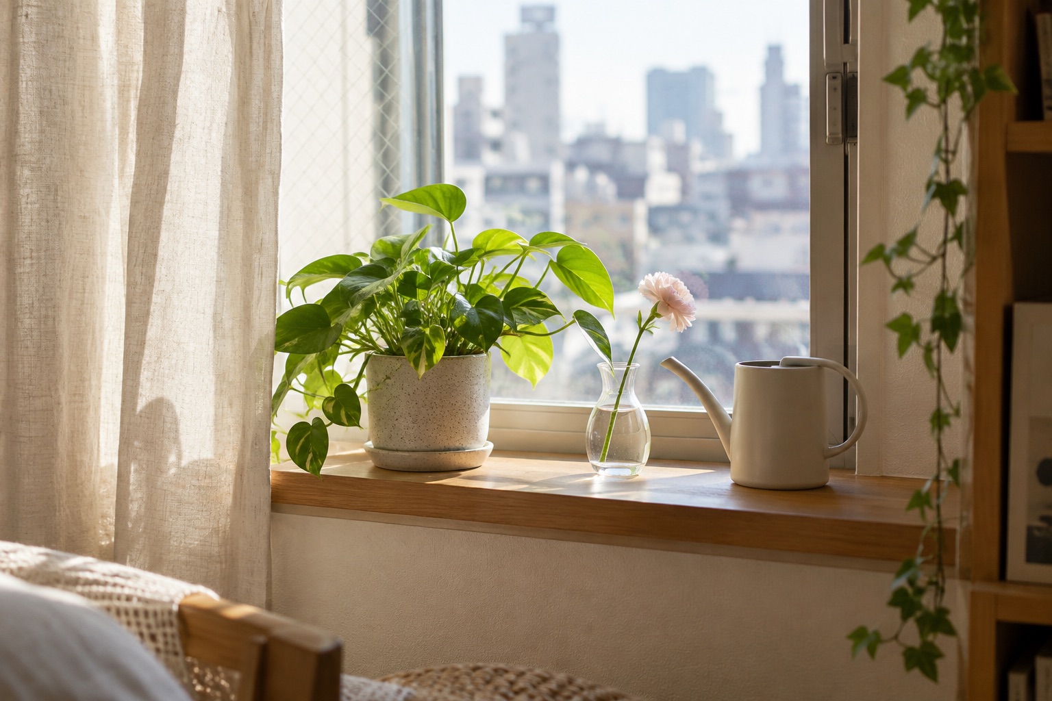 窓辺の観葉植物と一輪の花