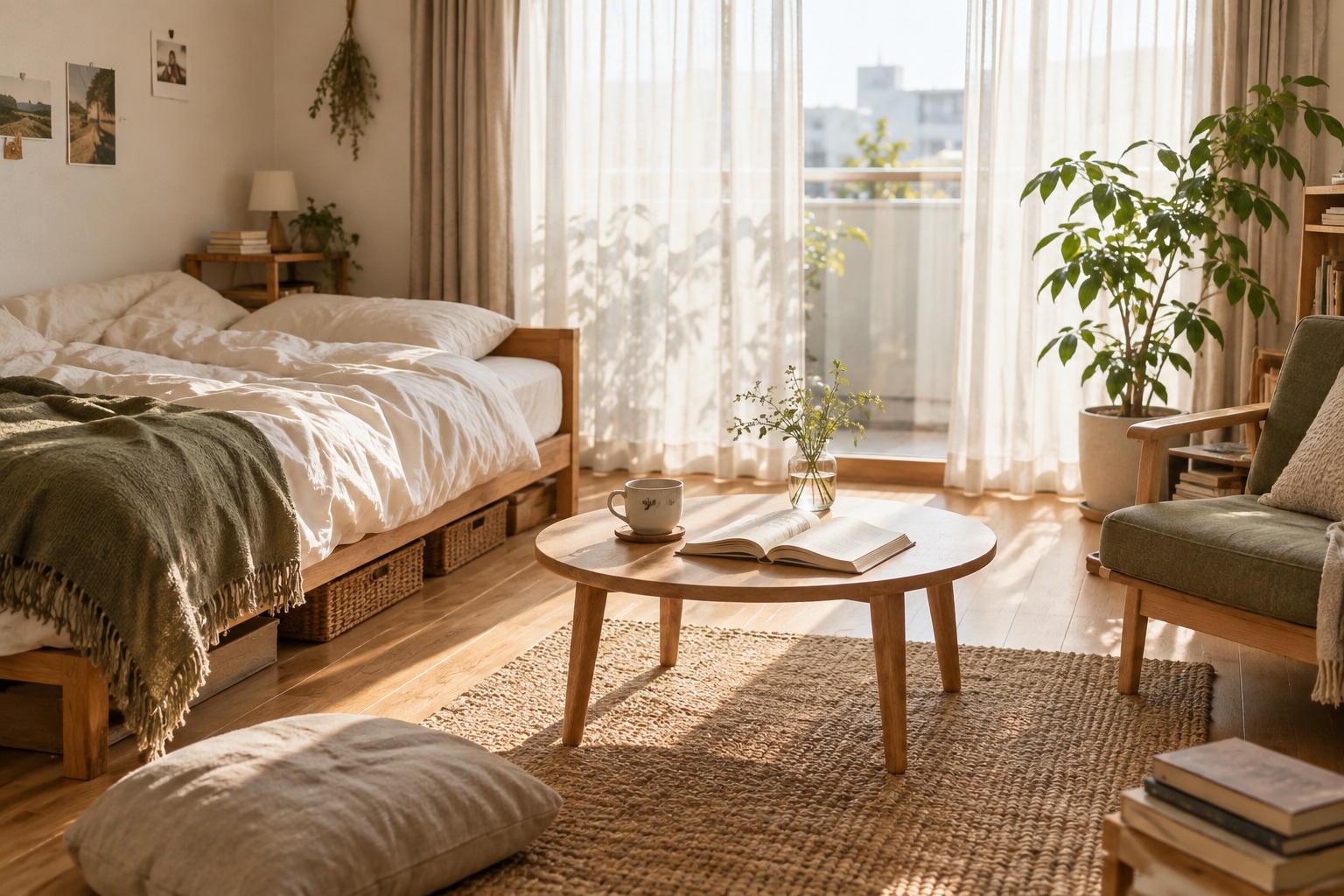 木の家具とグリーンのある明るいワンルーム