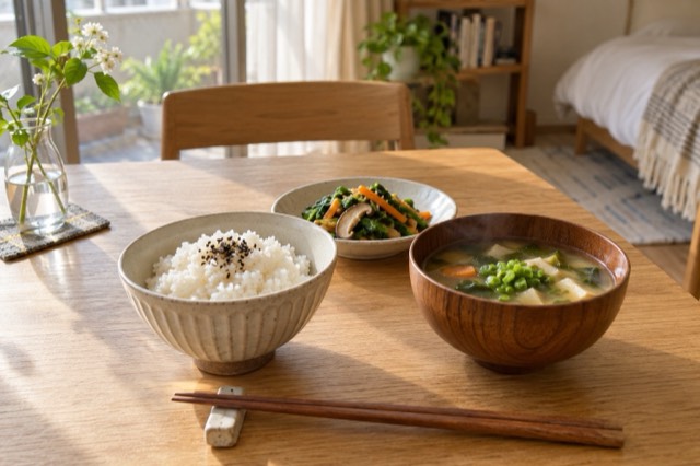 ごはんと野菜のおかず、汁物を並べた食卓